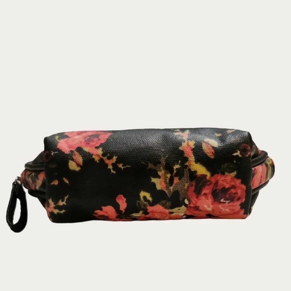 Jessica McClintock Black and Pink Cosmetic Bag with Floral Design, EUC